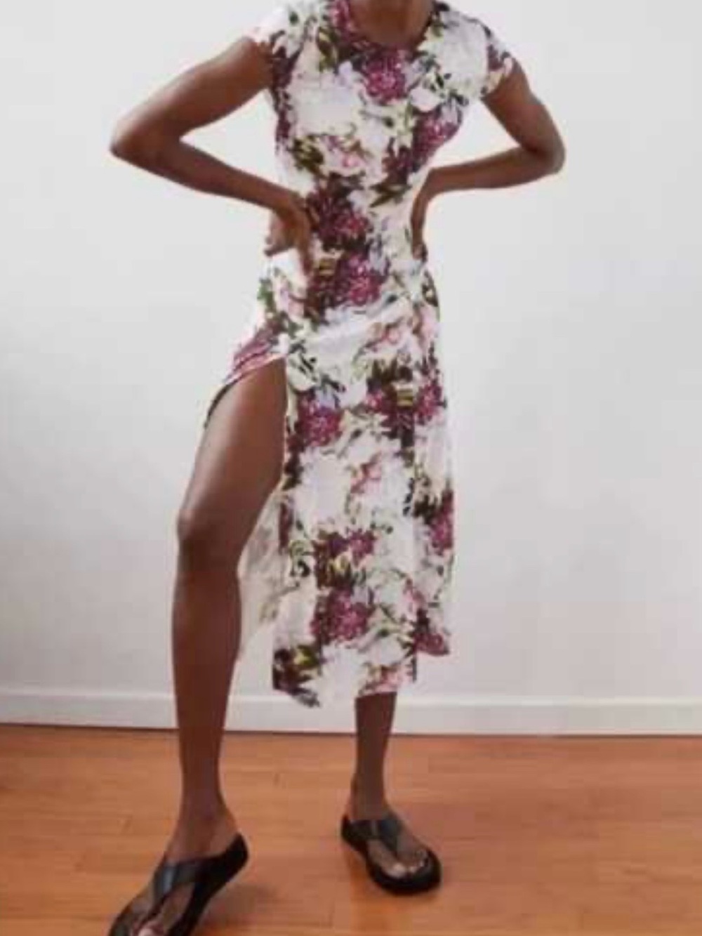 Babaton Floral Open Back Midi Side Slit Dress Peony Print Aritzia Size 6